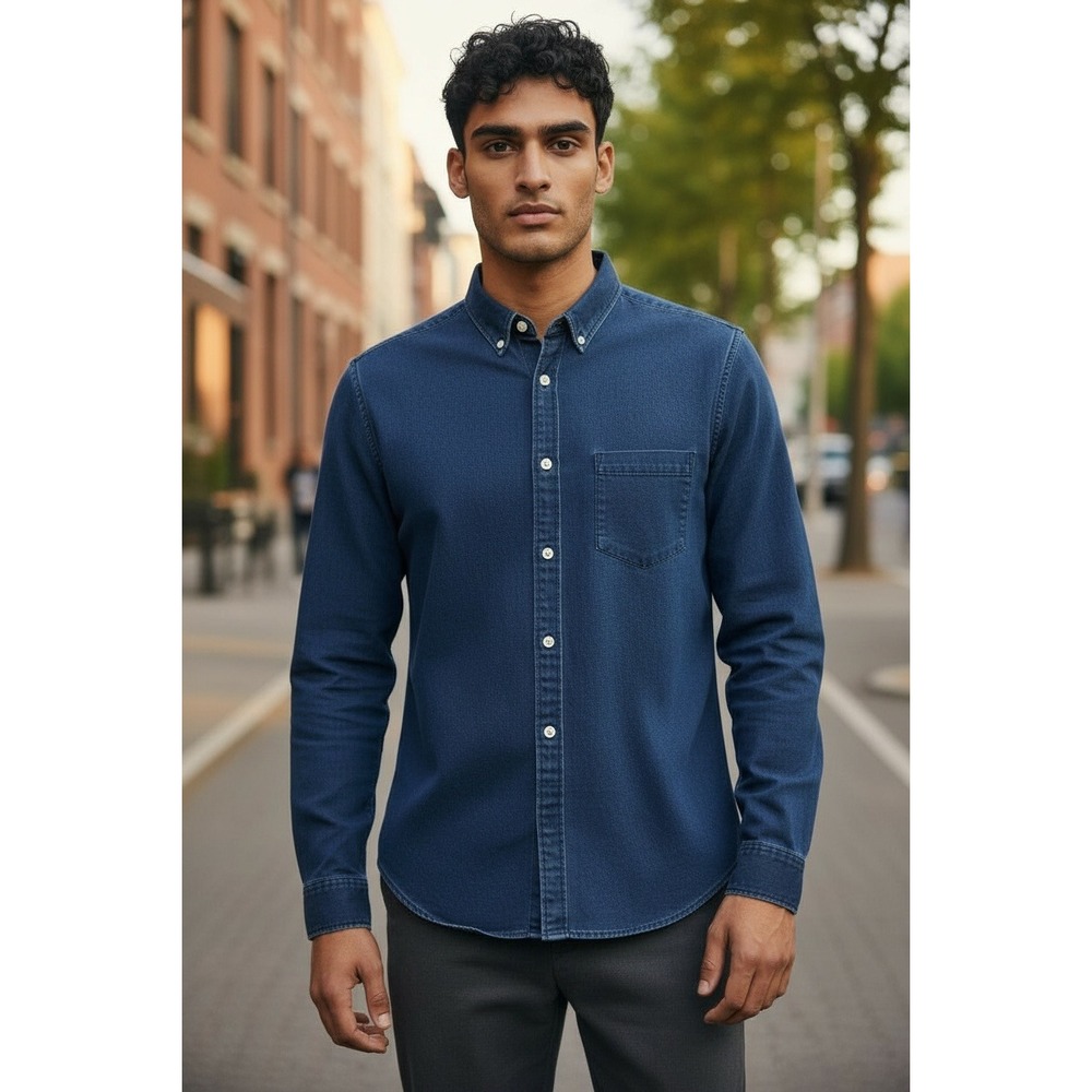 H&M Mens Regular Fit Dark Wash Soft Denim Button Down Shirt Long Sleeve Size L‎